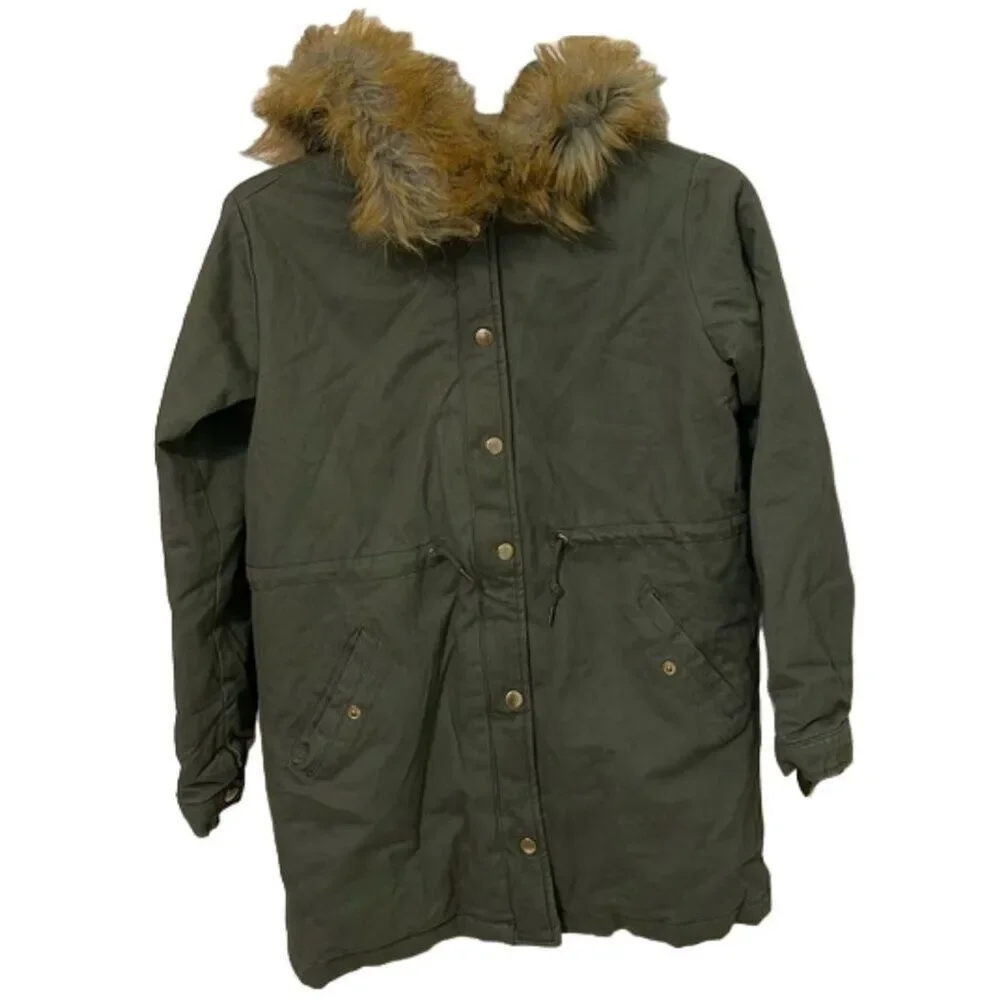 Forever 21 Green Faux Fur Parka Coat Jacket Girls Size 13/14 Full Zip Lined